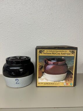 Nelson McCoy Style Stoneware Bean Pot - Brown and White